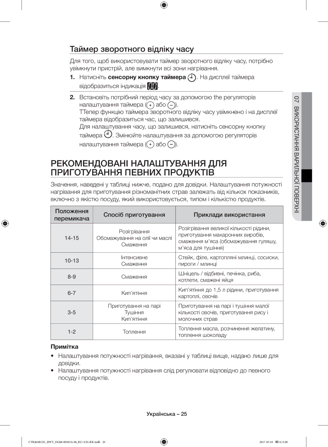 Samsung CTR264KB01/BWT manual Таймер зворотного відліку часу, Положення Спосіб приготування Приклади використання, Примітка 