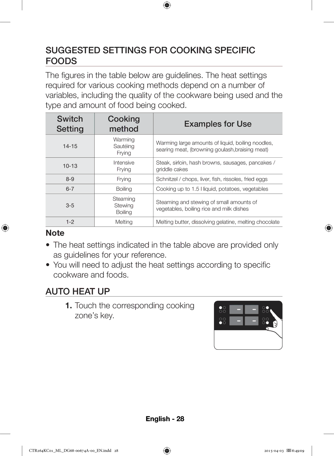 Samsung CTR264KC01/ML manual Suggested Settings for Cooking Specific Foods, Auto Heat UP 