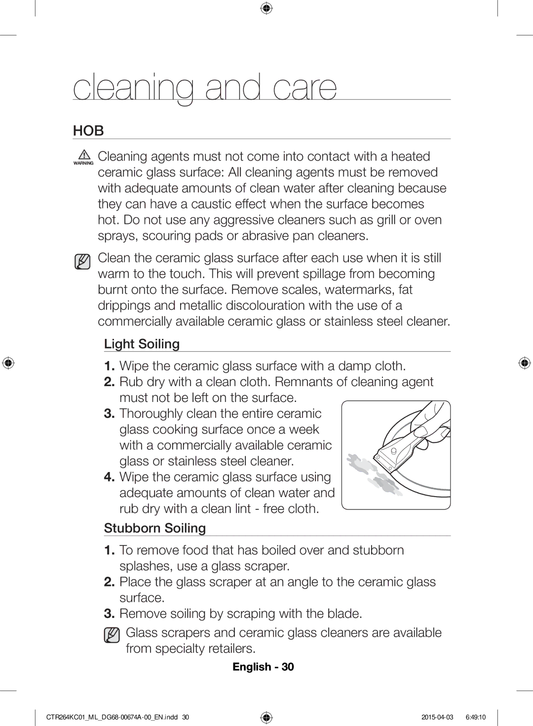 Samsung CTR264KC01/ML manual Cleaning and care, Hob 