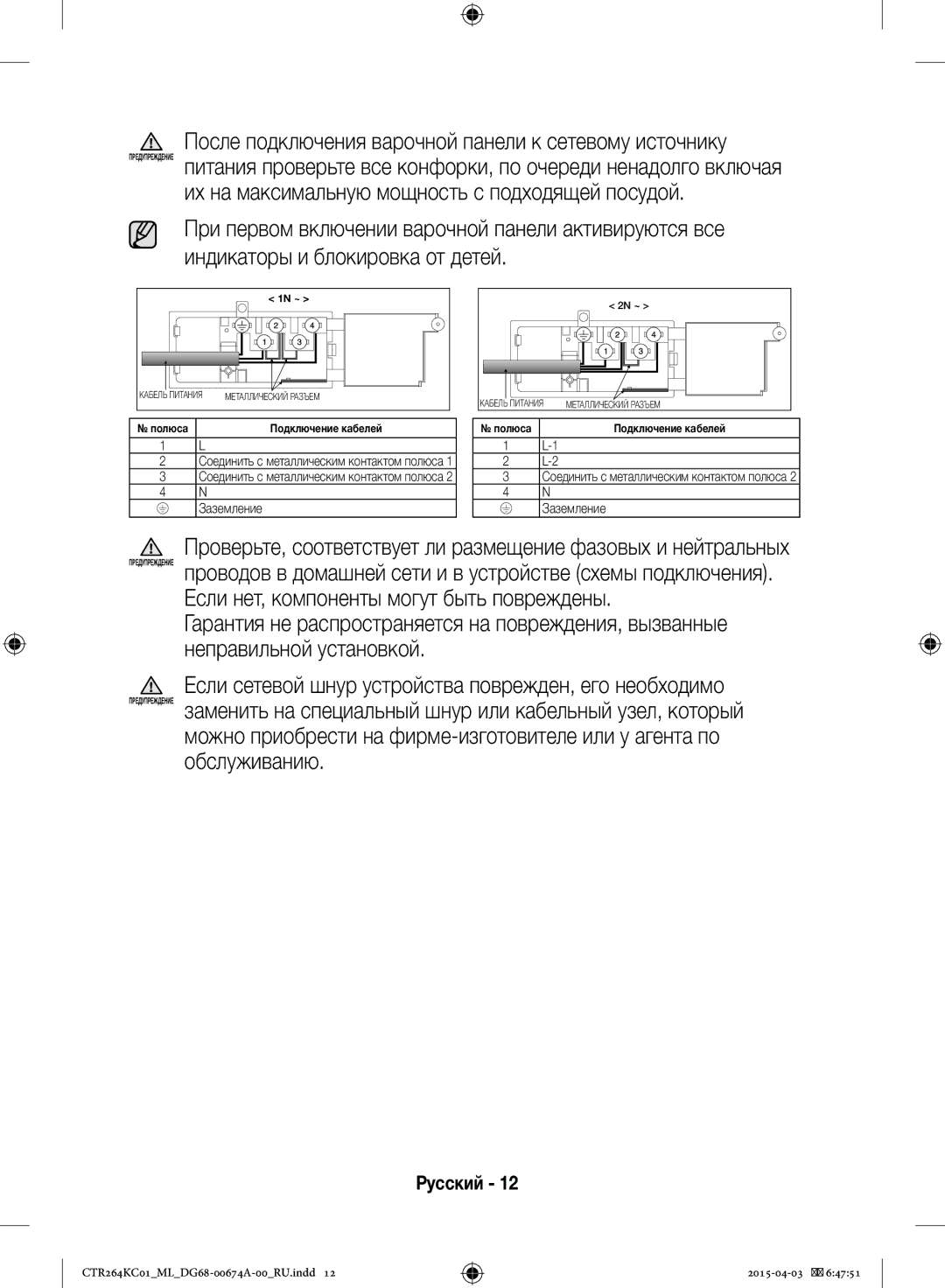 Samsung CTR264KC01/ML manual После подключения варочной панели к сетевому источнику 