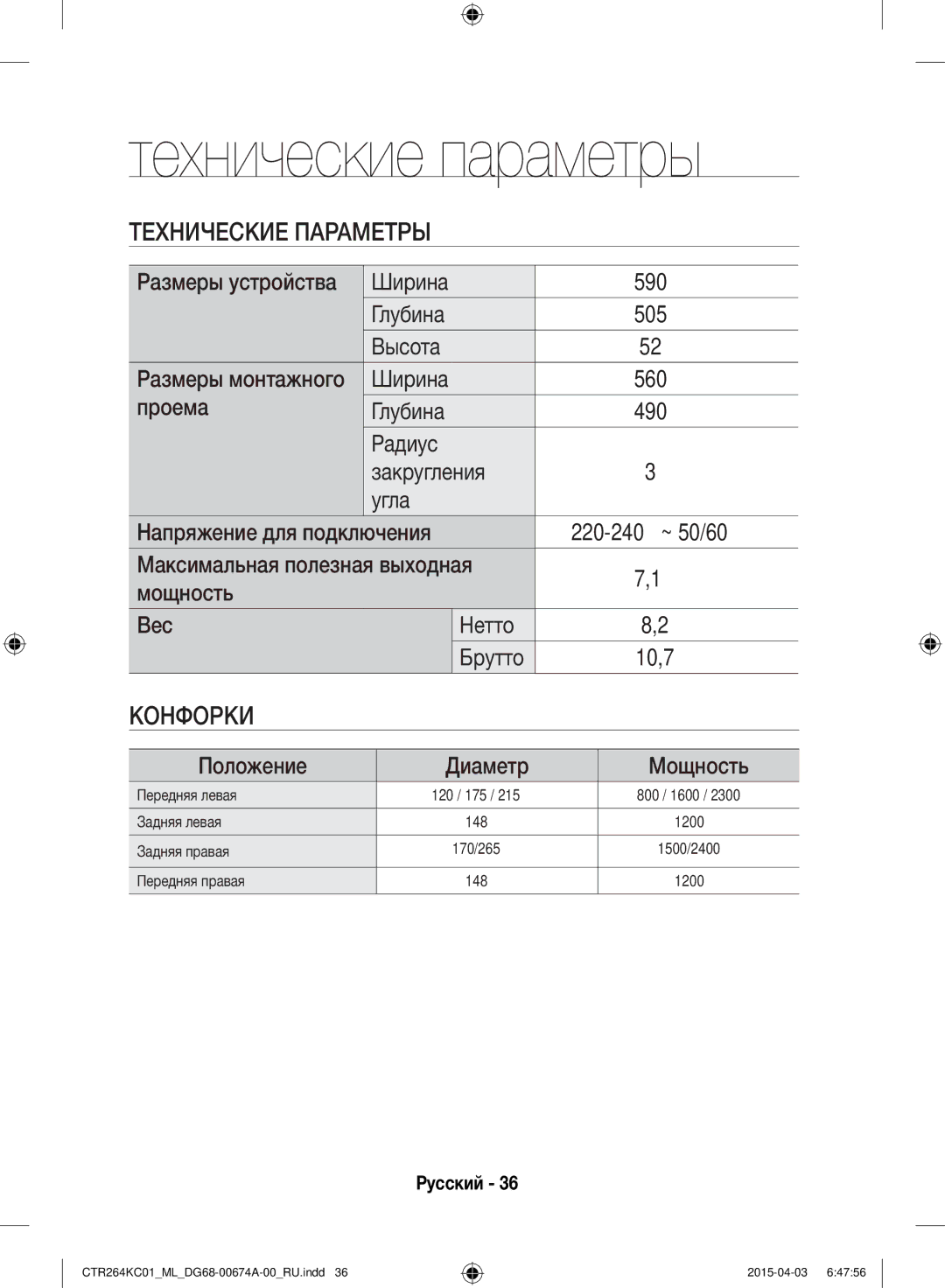 Samsung CTR264KC01/ML manual Технические параметры, Технические Параметры 