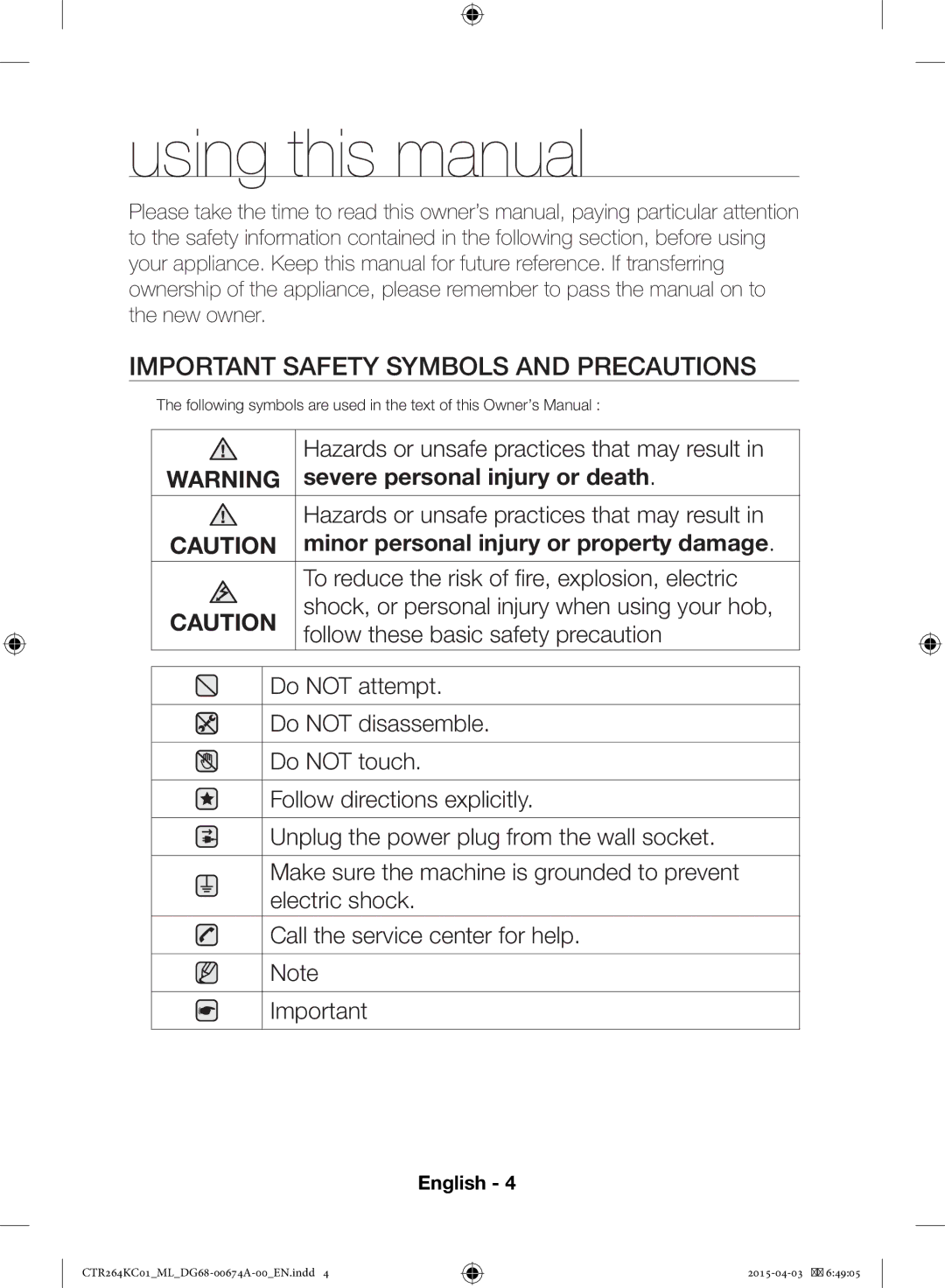 Samsung CTR264KC01/ML Using this manual, Important Safety Symbols and Precautions, Severe personal injury or death 