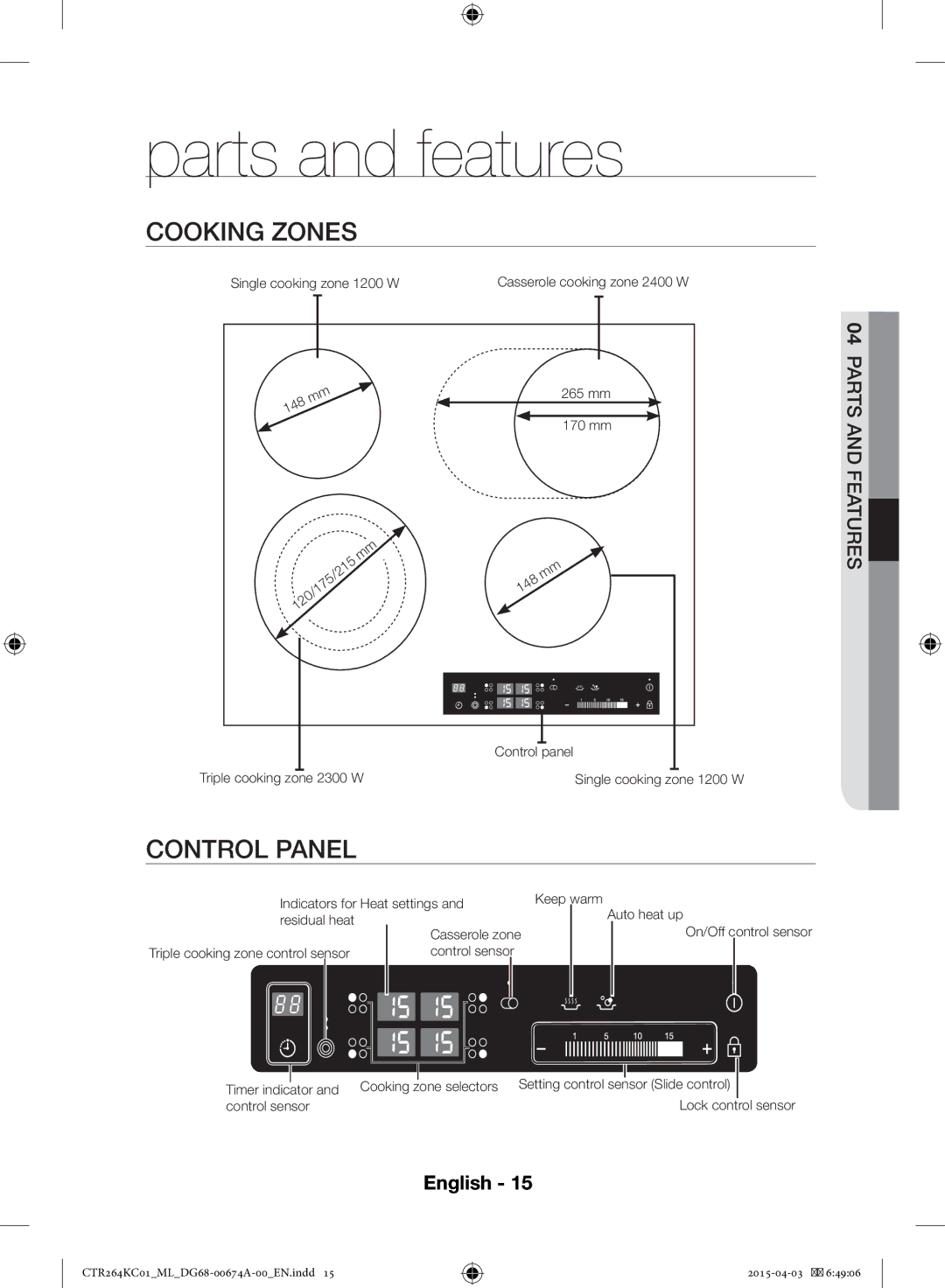 Samsung CTR264KC01/ML manual Parts and features, Cooking Zones, Control Panel 