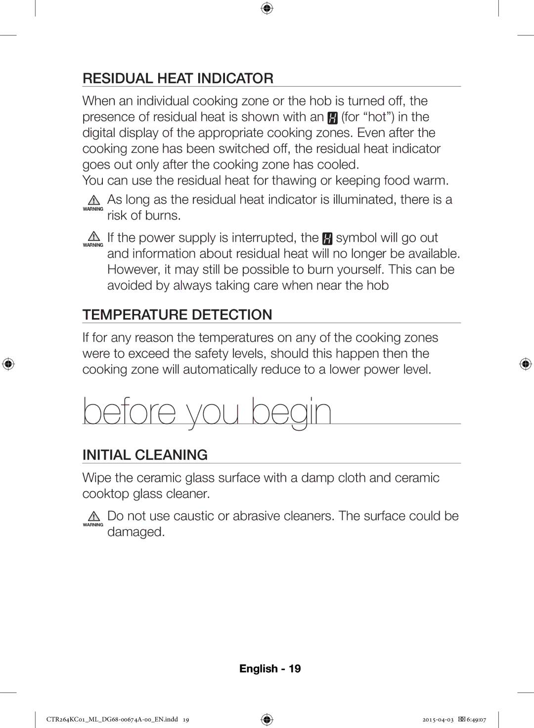 Samsung CTR264KC01/ML manual Before you begin, Residual Heat Indicator, Temperature Detection, Initial Cleaning 