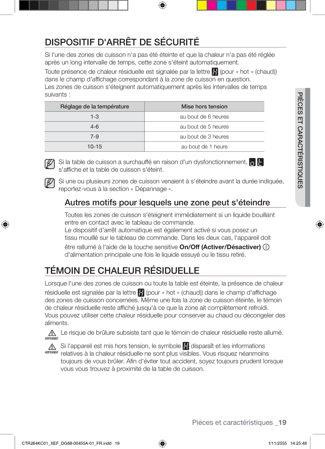 Samsung CTR264KC01/XEF manual Dispositif Darrêt DE Sécurité, Témoin DE Chaleur Résiduelle 