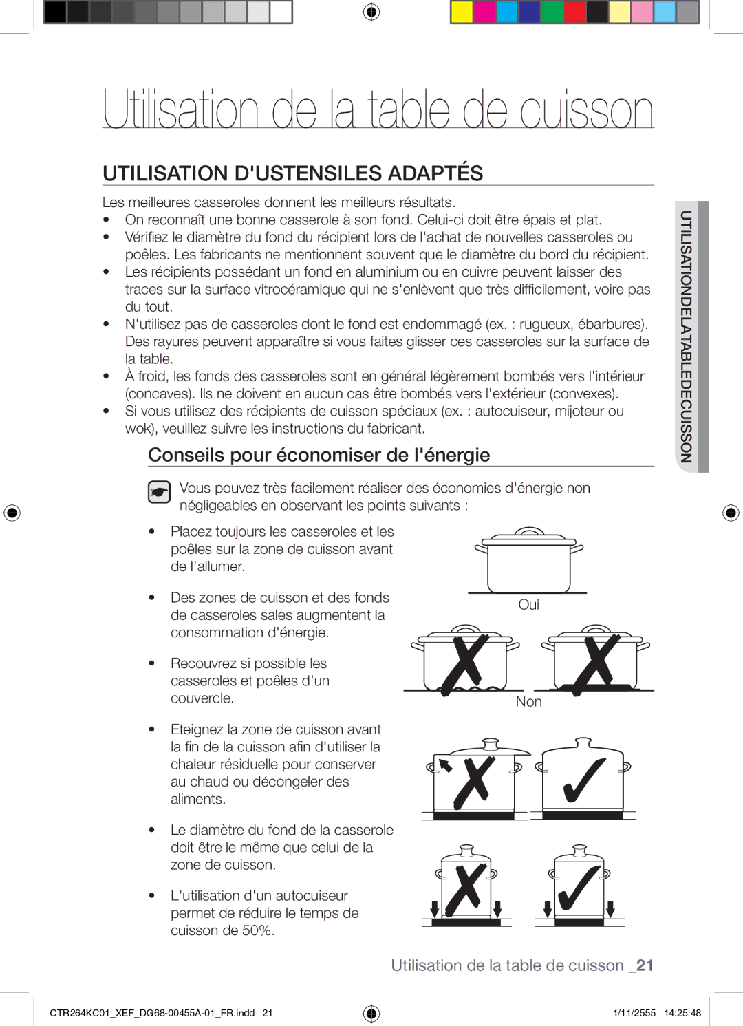 Samsung CTR264KC01/XEF manual Utilisation Dustensiles Adaptés, Conseils pour économiser de lénergie 