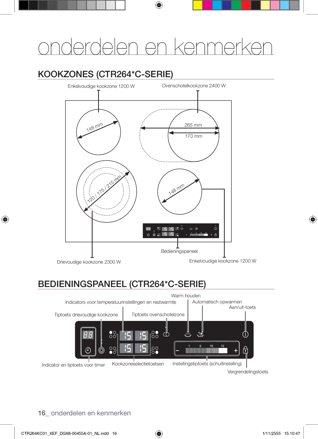 Samsung CTR264KC01/XEF manual Onderdelen en kenmerken, Kookzones CTR264*C-SERIE, Bedieningspaneel CTR264*C-SERIE 