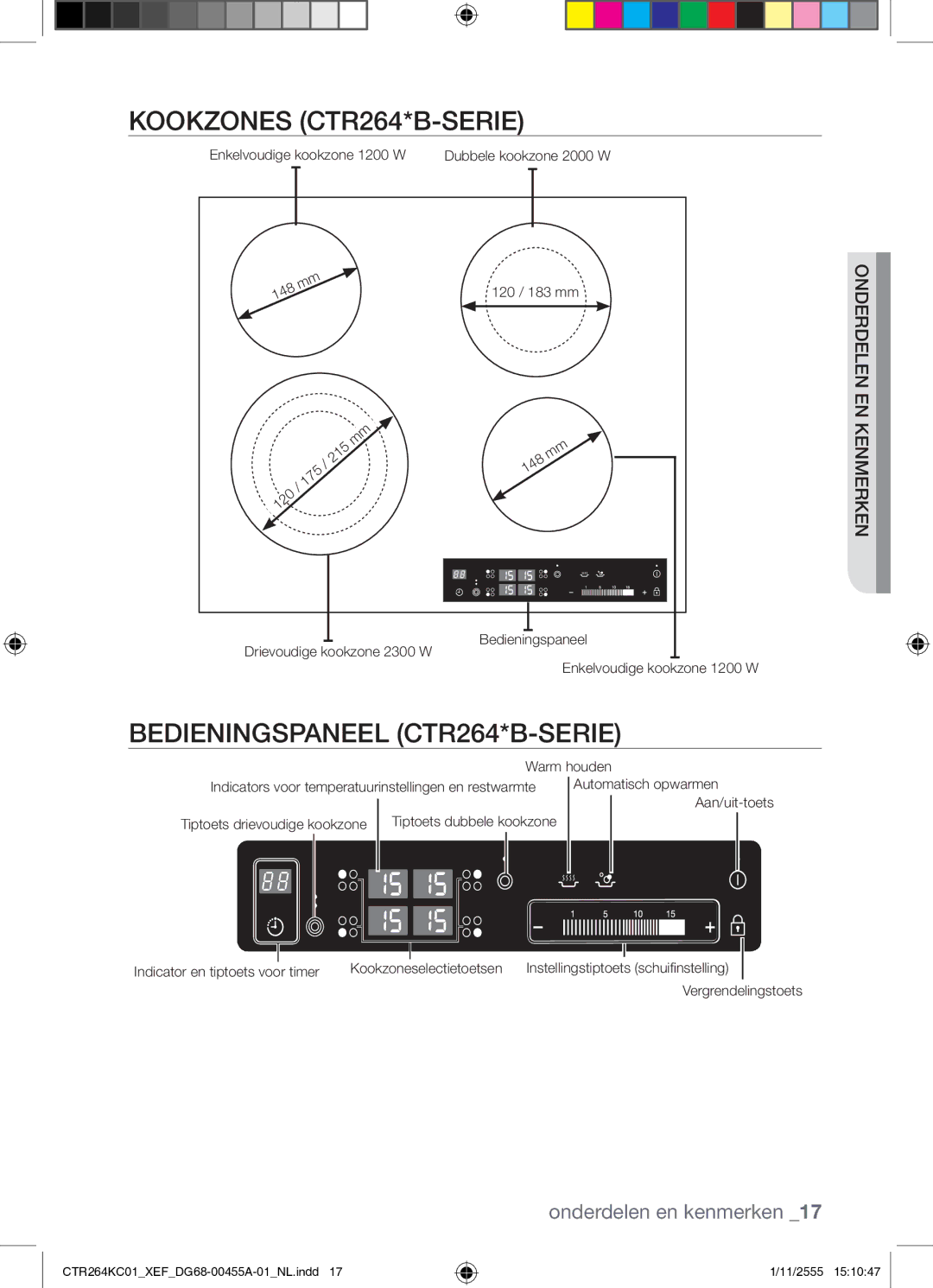 Samsung CTR264KC01/XEF manual Kookzones CTR264*B-SERIE, Bedieningspaneel CTR264*B-SERIE, Kenmerken onderdelen 