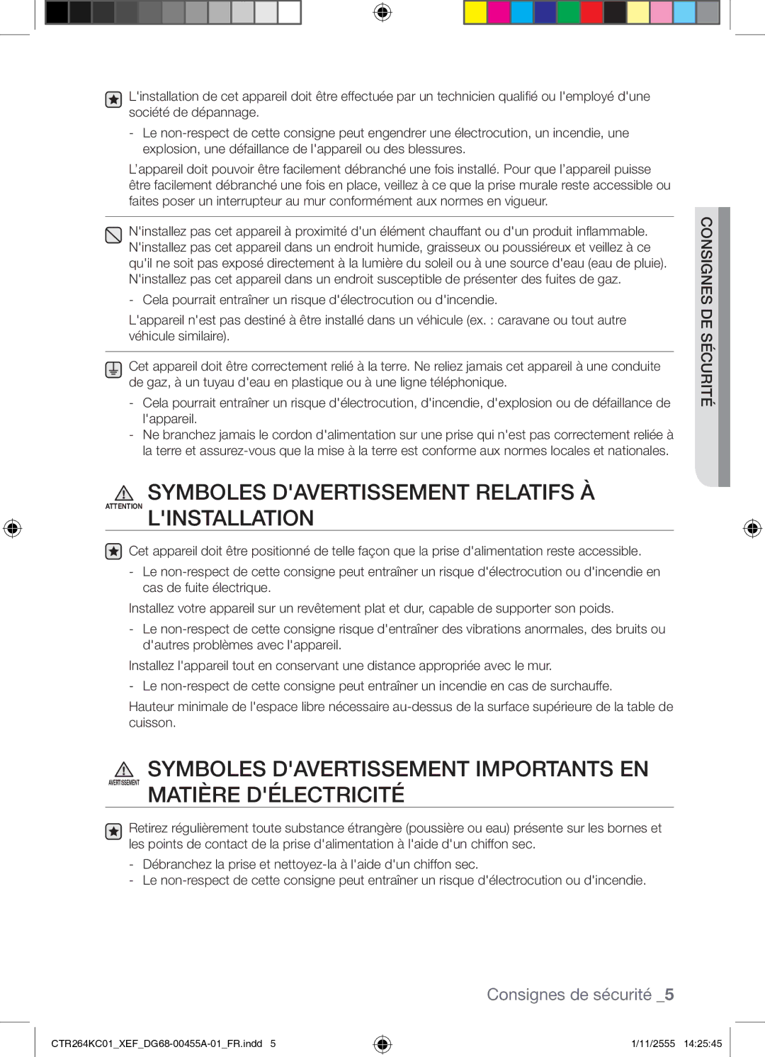 Samsung CTR264KC01/XEF manual Symboles Davertissement Relatifs À Attention Linstallation 