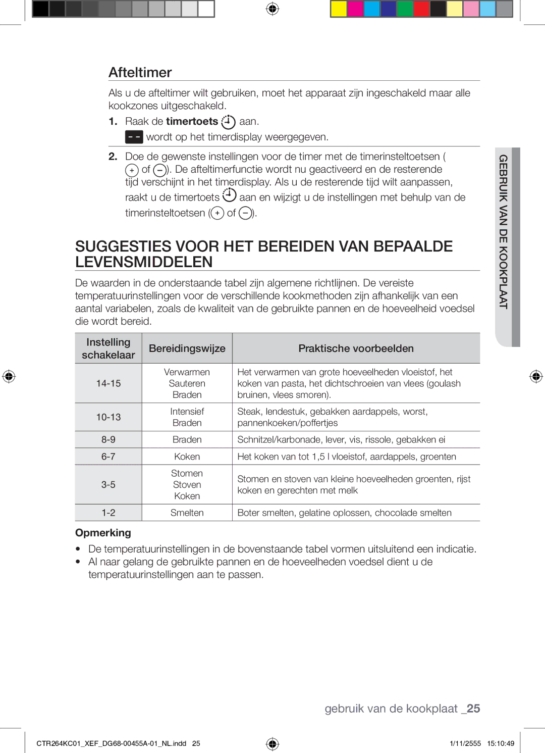 Samsung CTR264KC01/XEF manual Suggesties Voor HET Bereiden VAN Bepaalde Levensmiddelen, Afteltimer, Opmerking 