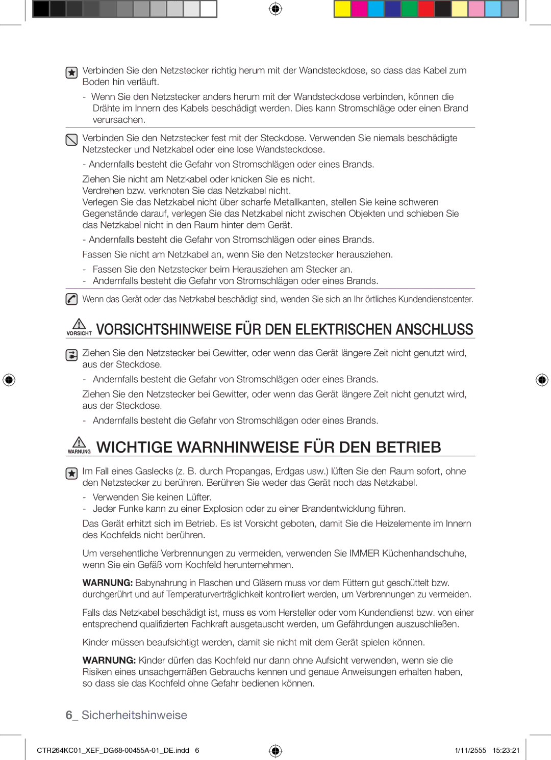 Samsung CTR264KC01/XEF manual Vorsicht Vorsichtshinweise FÜR DEN Elektrischen Anschluss 