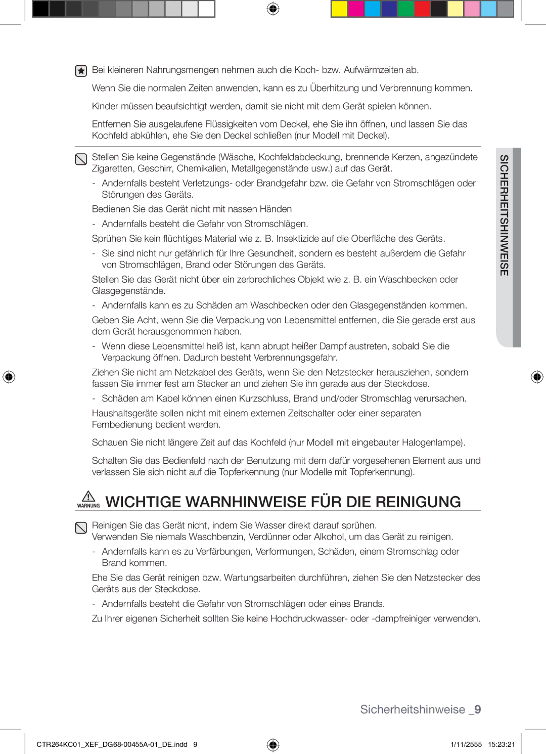 Samsung CTR264KC01/XEF manual Warnung Wichtige Warnhinweise FÜR DIE Reinigung 