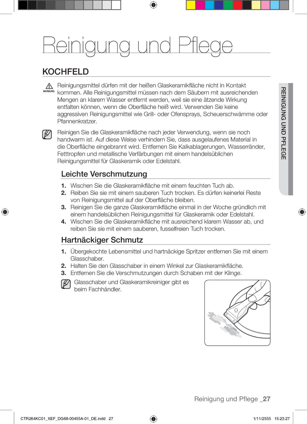 Samsung CTR264KC01/XEF Reinigung und Pflege, Kochfeld, Leichte Verschmutzung, Hartnäckiger Schmutz, Pflegeund Reinigung 