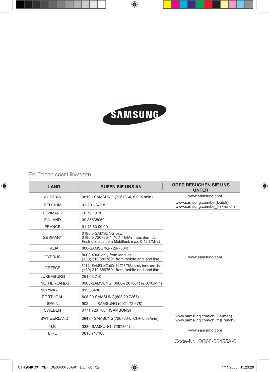 Samsung CTR264KC01/XEF manual Bei Fragen oder Hinweisen 