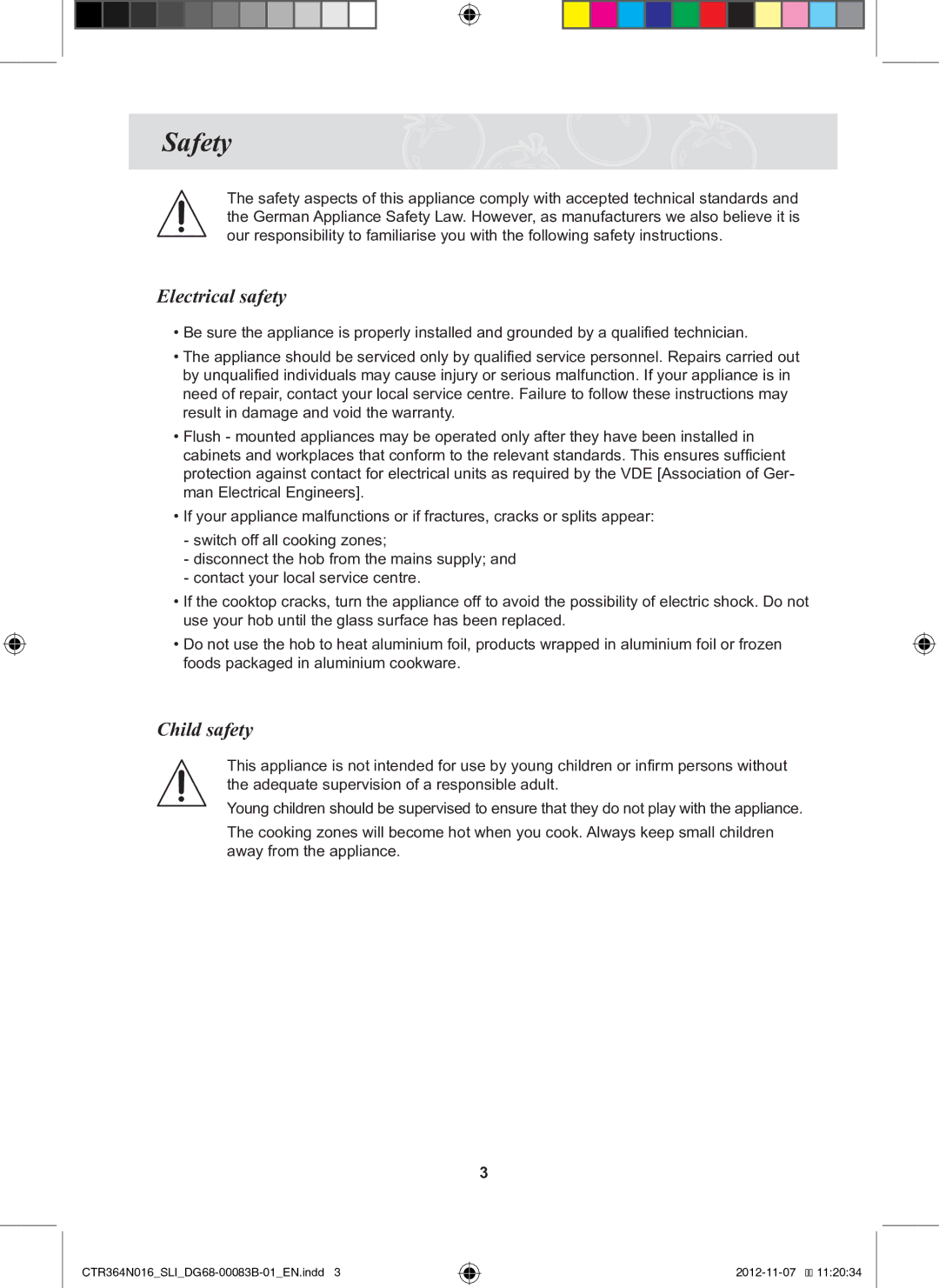 Samsung CTR364N016/SLI manual Safety, Electrical safety, Child safety 