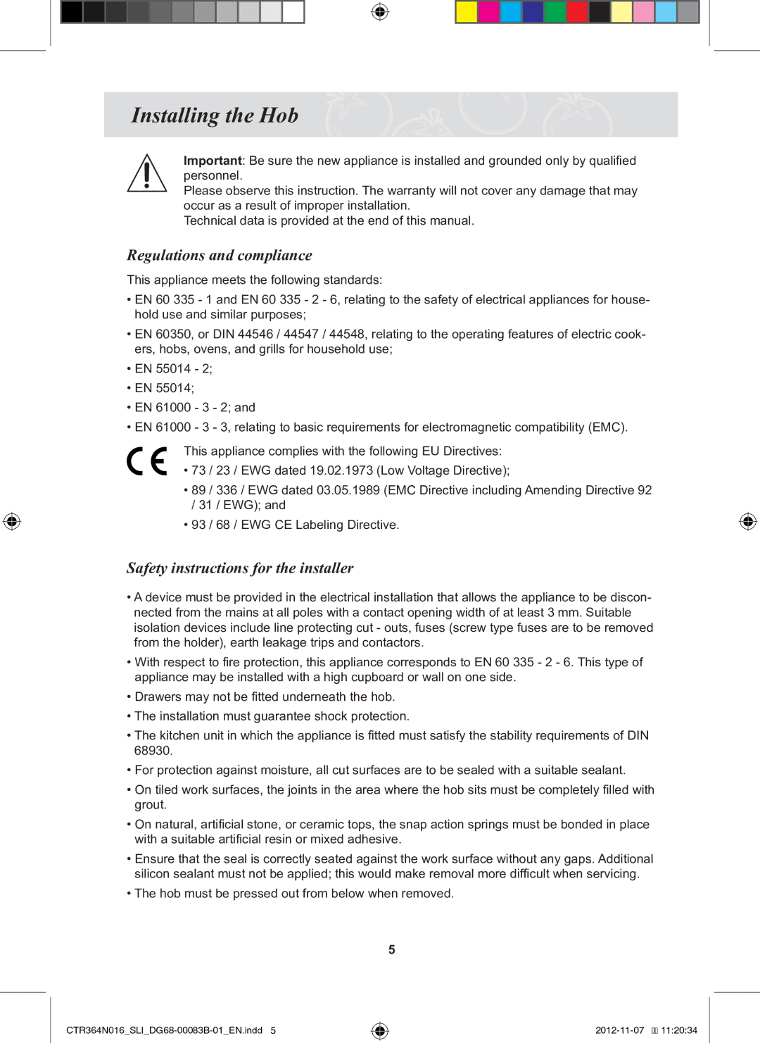 Samsung CTR364N016/SLI manual Installing the Hob, Regulations and compliance, Safety instructions for the installer 