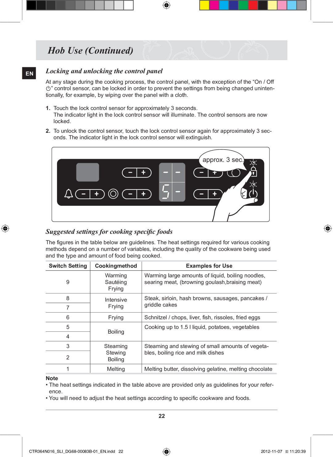 Samsung CTR364N016/SLI manual Locking and unlocking the control panel, Suggested settings for cooking specific foods 