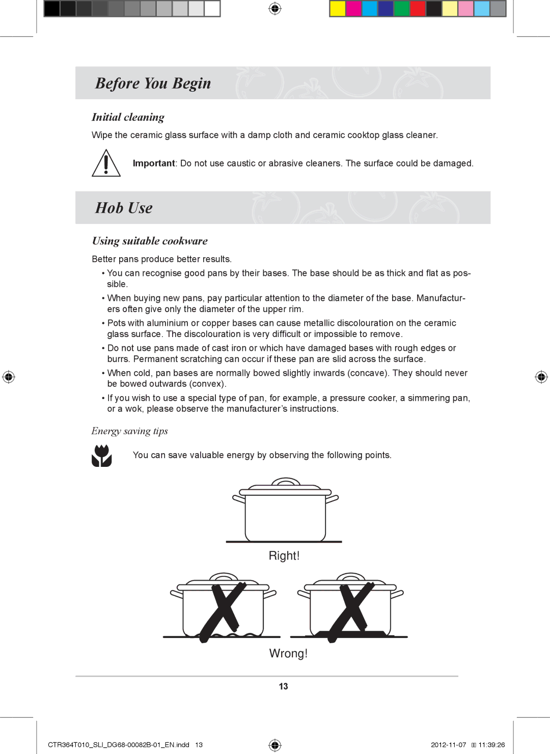 Samsung CTR364T010/SLI manual Before You Begin, Hob Use, Using suitable cookware, Energy saving tips 