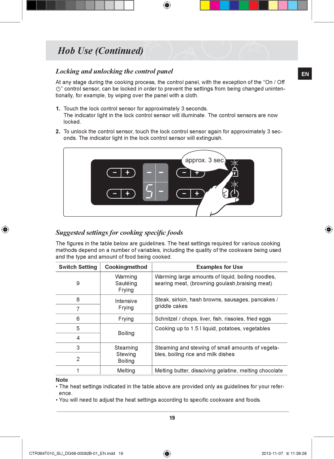 Samsung CTR364T010/SLI Suggested settings for cooking specific foods, Steak, sirloin, hash browns, sausages, pancakes 