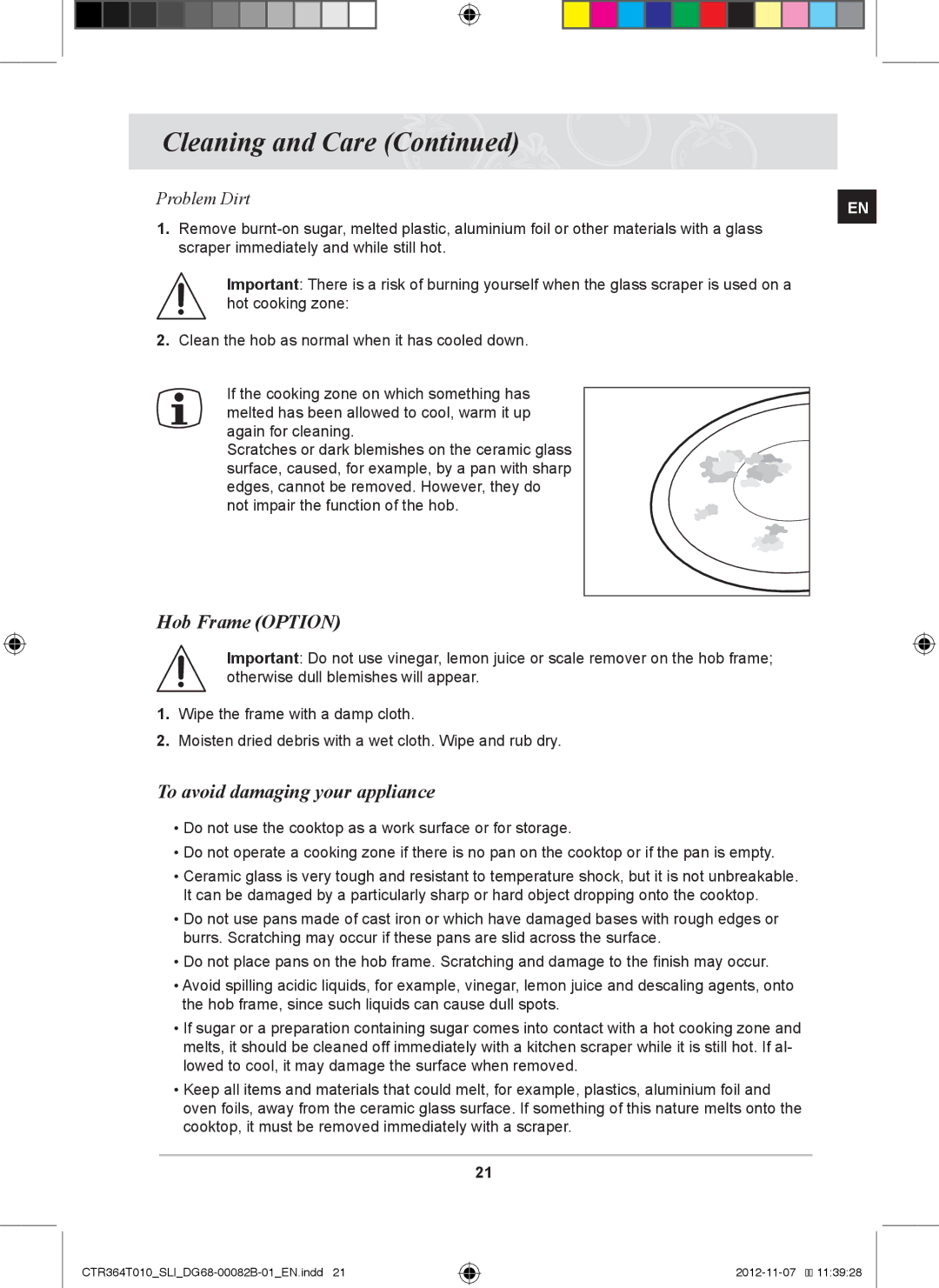 Samsung CTR364T010/SLI manual Hob Frame Option, To avoid damaging your appliance 