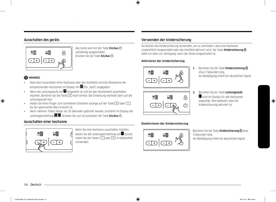 Samsung CTR432NB02/EG manual Ausschalten des geräts, Ausschalten einer kochzone, Verwenden der kindersicherung 