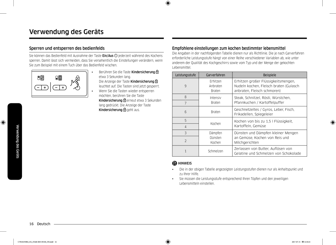 Samsung CTR432NB02/EG Sperren und entsperren des bedienfelds, Empfohlene einstellungen zum kochen bestimmter lebensmittel 