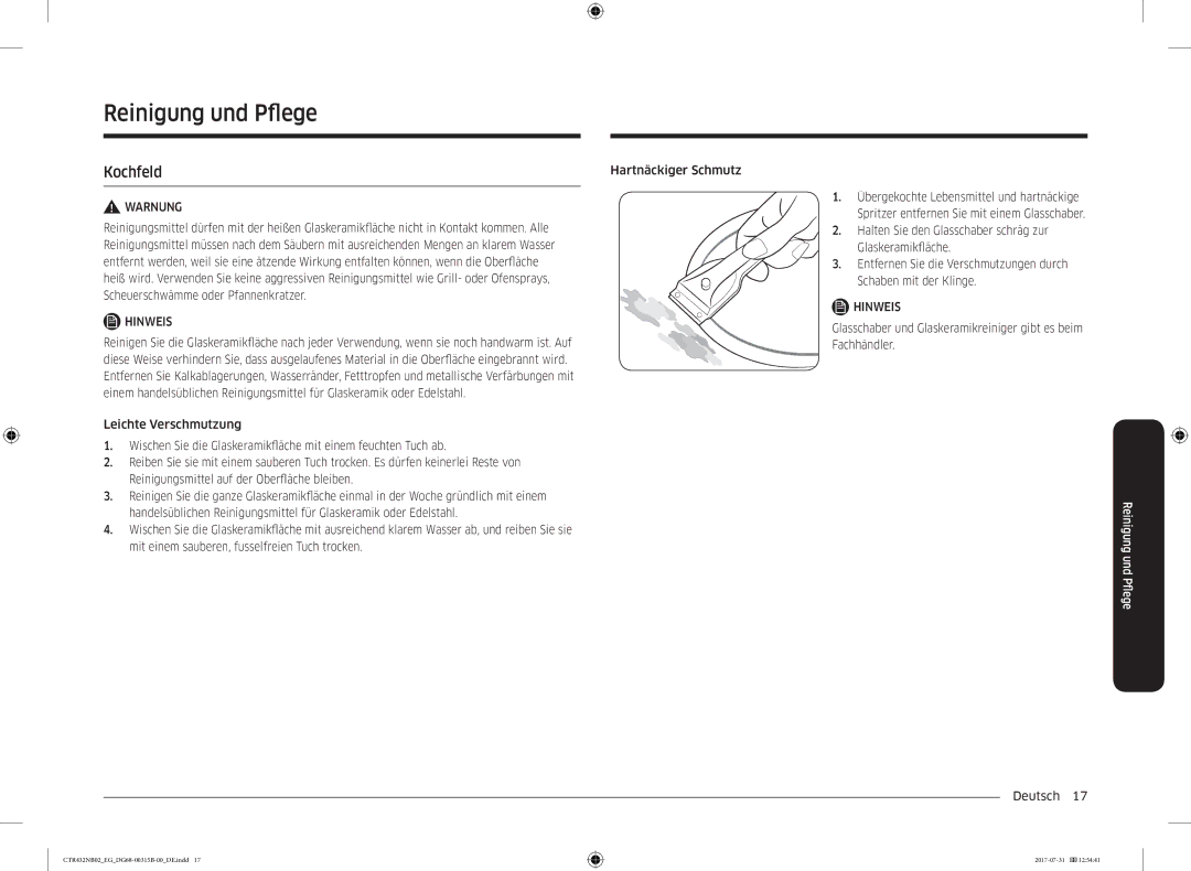 Samsung CTR432NB02/EG manual Reinigung und Pfege, Kochfeld 