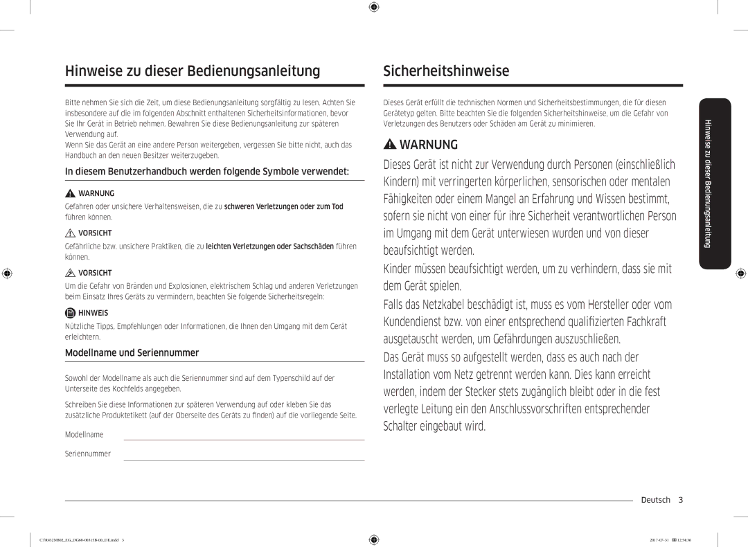 Samsung CTR432NB02/EG manual Hinweise zu dieser Bedienungsanleitung, Sicherheitshinweise, Modellname und Seriennummer 