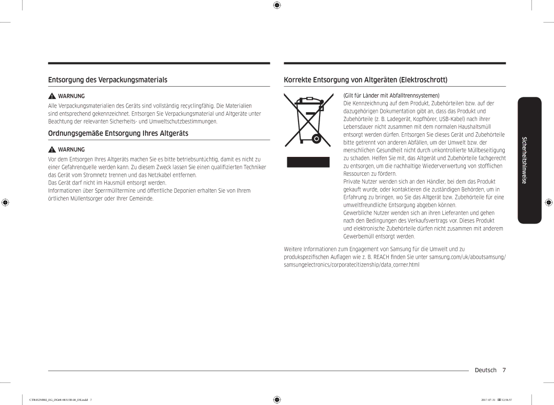 Samsung CTR432NB02/EG manual Entsorgung des Verpackungsmaterials, Ordnungsgemäße Entsorgung Ihres Altgeräts 