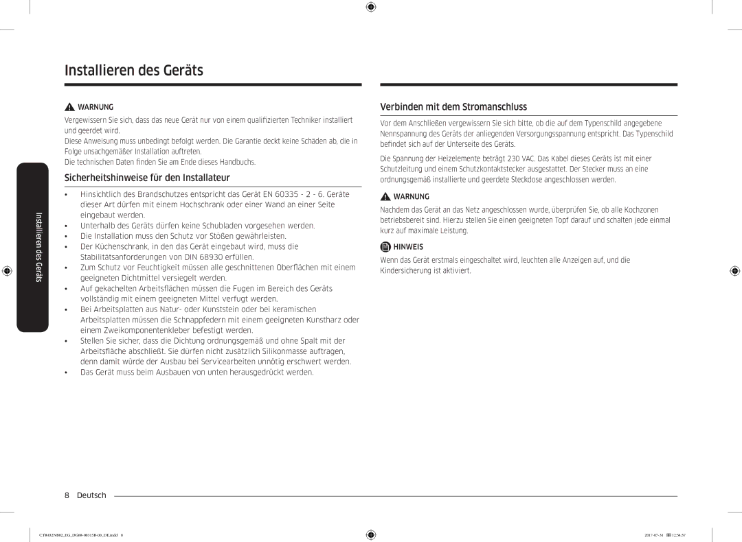 Samsung CTR432NB02/EG manual InstalllierendesdesGeräts, Sicherheitshinweise für den Installateur 