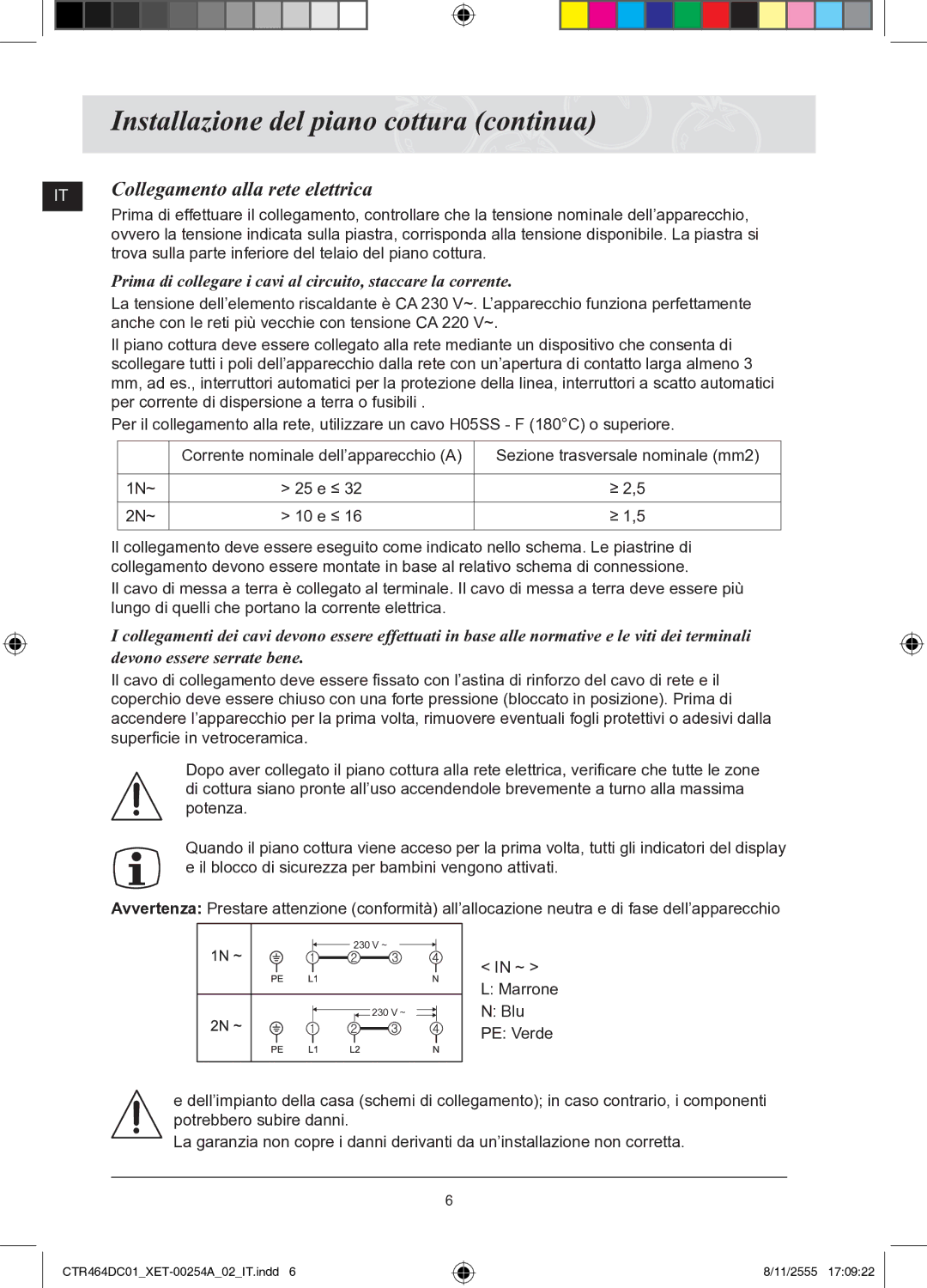 Samsung CTR464DC01/XET manual Installazione del piano cottura continua, Collegamento alla rete elettrica 