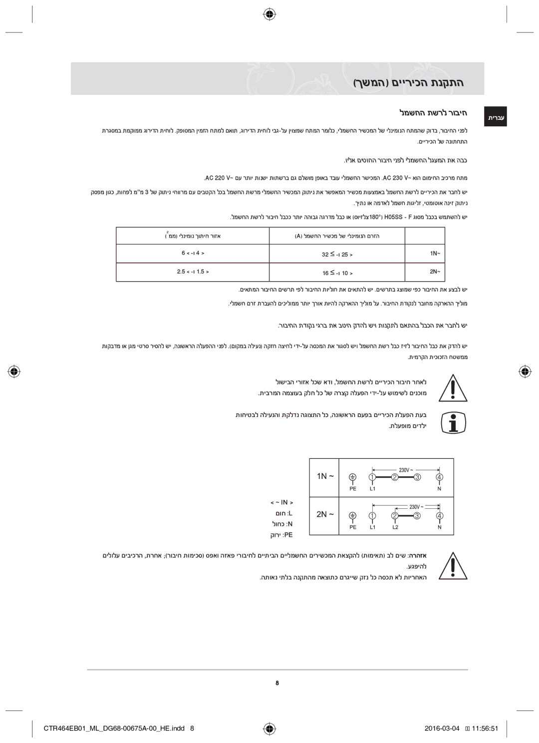 Samsung CTR464EB01/ML manual ךשמה םייריכה תנקתה, למשחה תשרל רוביח 