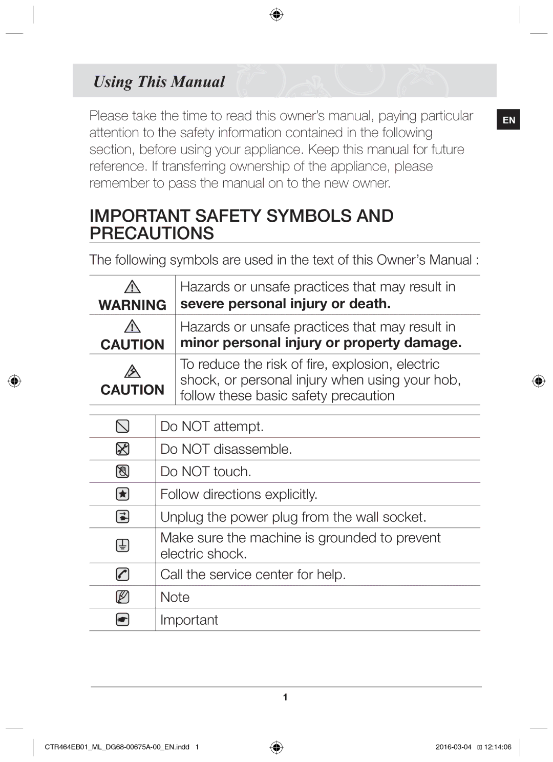 Samsung CTR464EB01/ML manual Important safety symbols and precautions, Using This Manual 