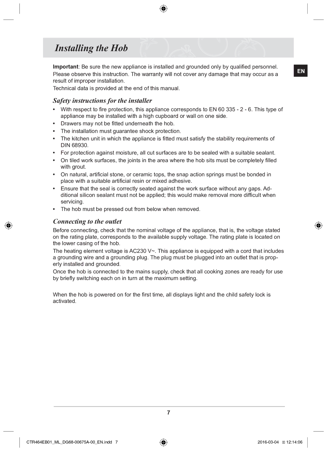 Samsung CTR464EB01/ML manual Installing the Hob, Safety instructions for the installer, Connecting to the outlet 