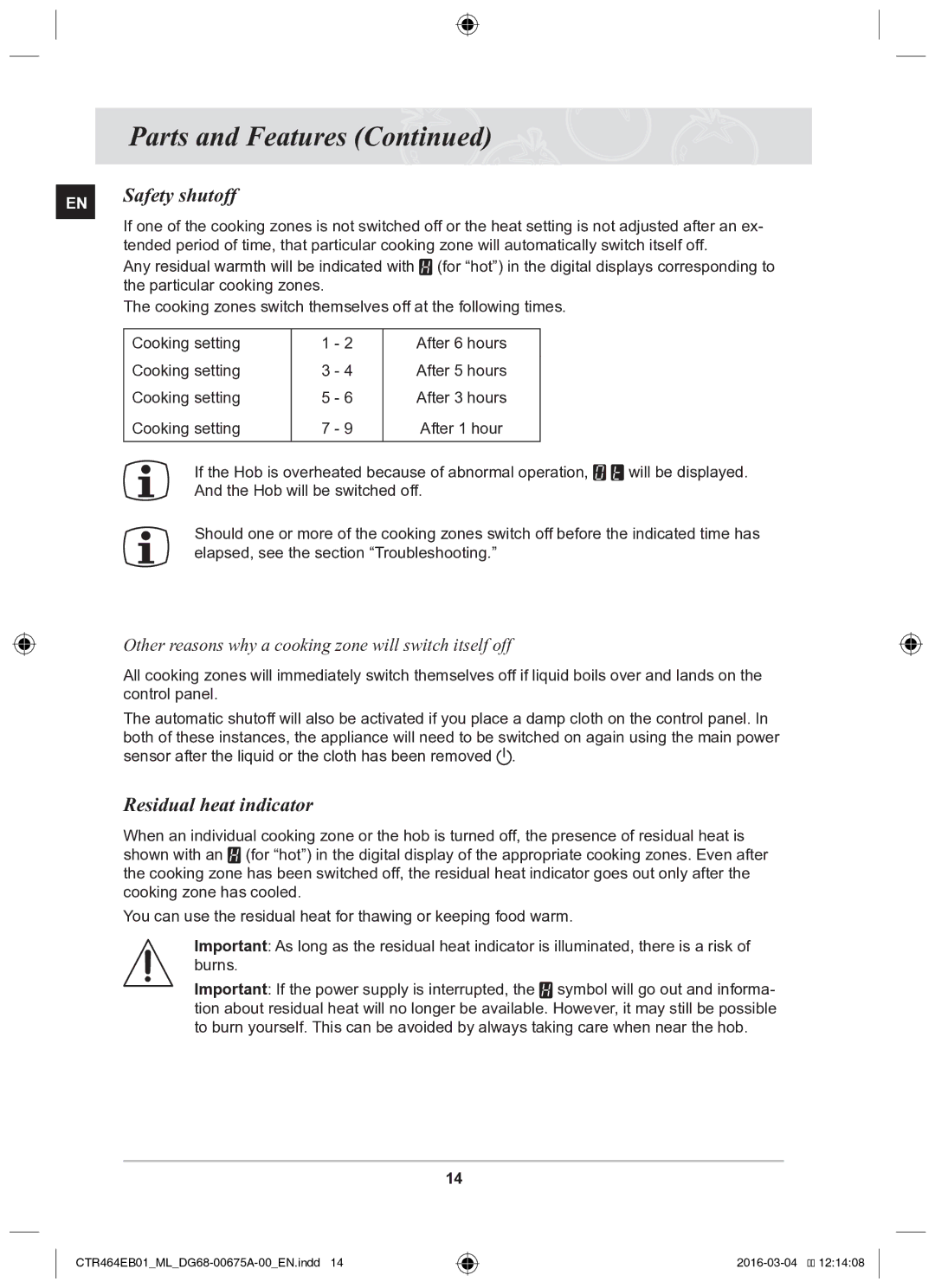 Samsung CTR464EB01/ML Safety shutoff, Residual heat indicator, Other reasons why a cooking zone will switch itself off 