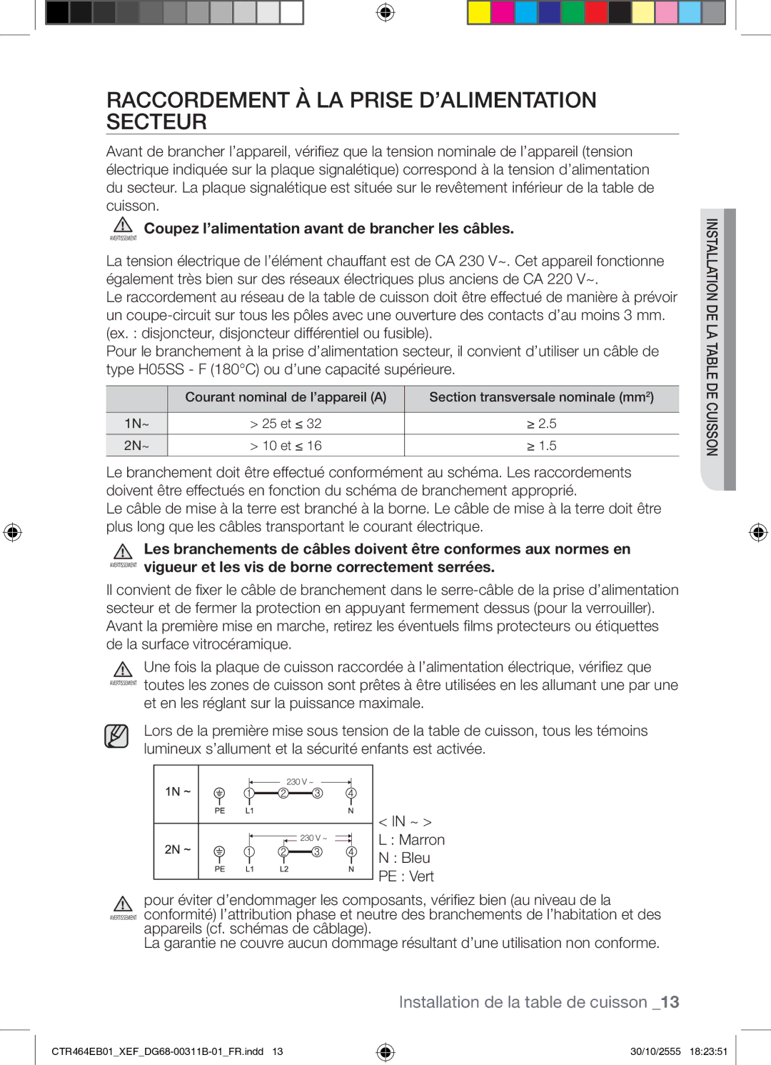 Samsung CTR464EB01/XEF Raccordement À LA Prise D’ALIMENTATION Secteur, Coupez l’alimentation avant de brancher les câbles 