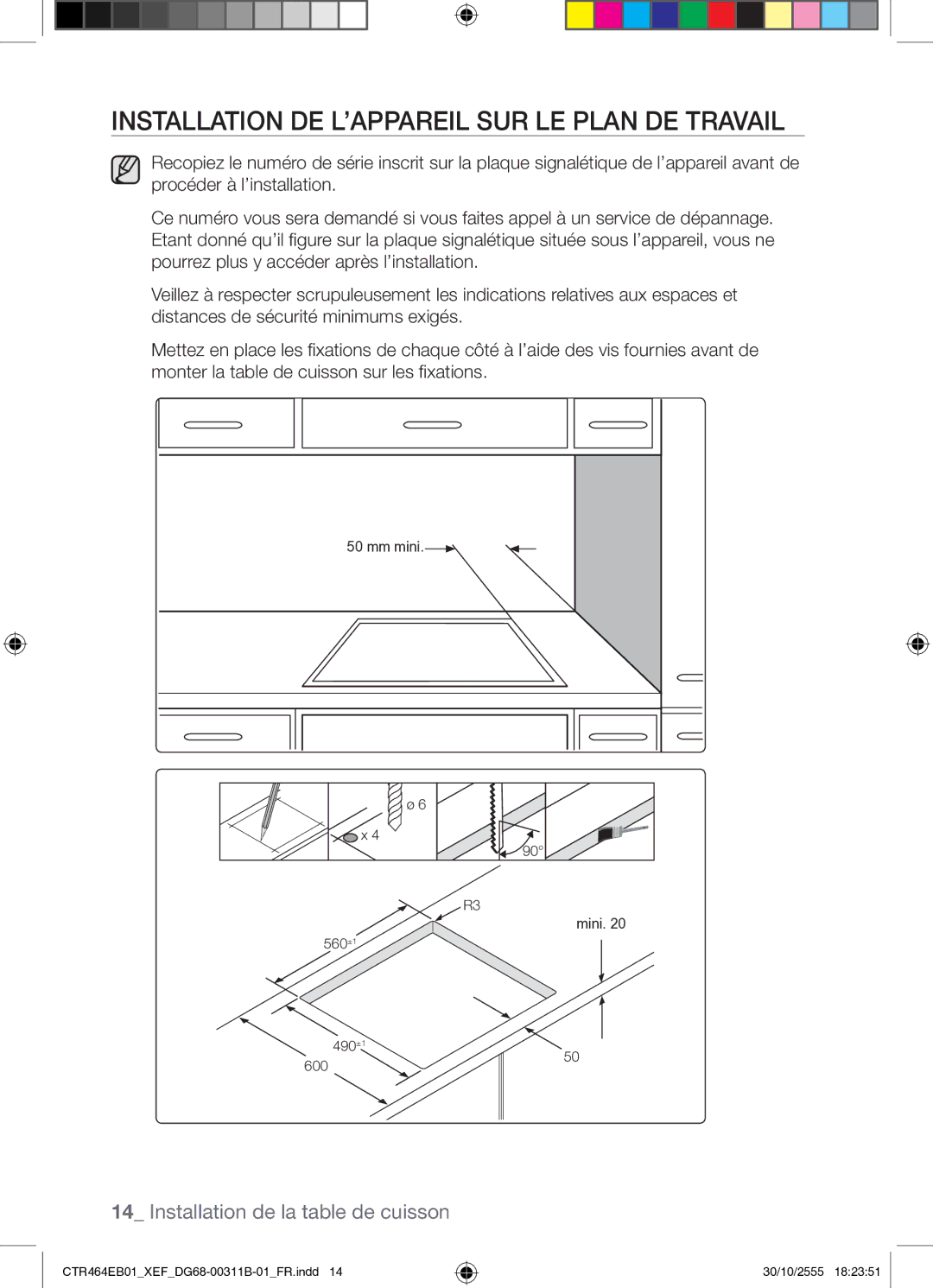 Samsung CTR464EB01/XEF manual Installation DE L’APPAREIL SUR LE Plan DE Travail 