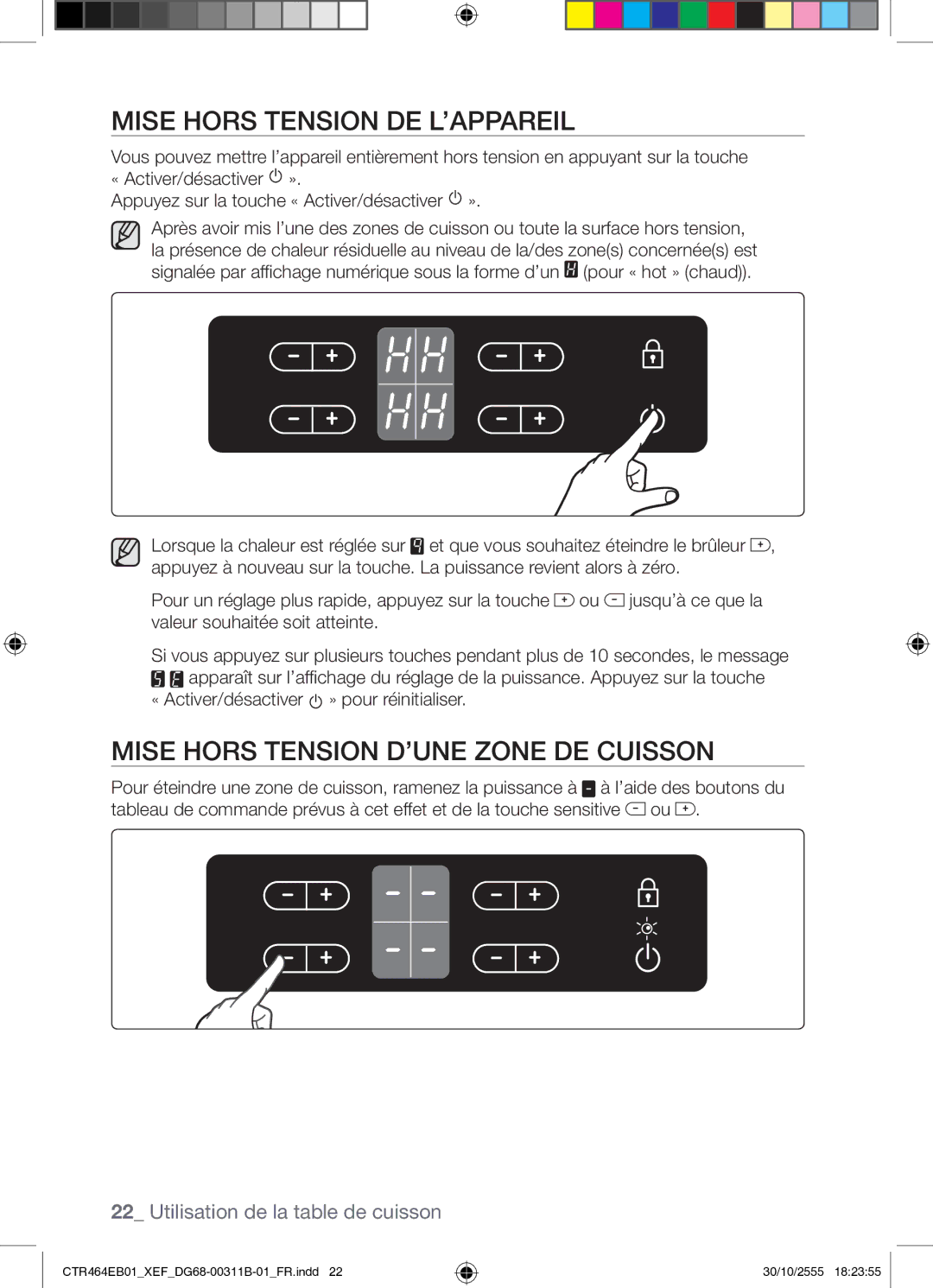 Samsung CTR464EB01/XEF manual Mise Hors Tension DE L’APPAREIL, Mise Hors Tension D’UNE Zone DE Cuisson 