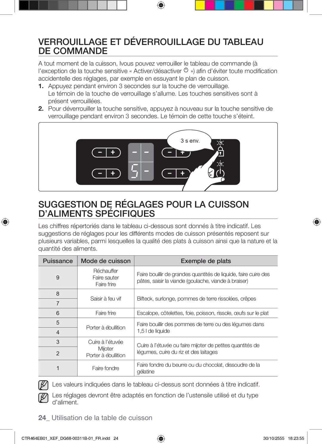 Samsung CTR464EB01/XEF manual Verrouillage ET Déverrouillage DU Tableau DE Commande 