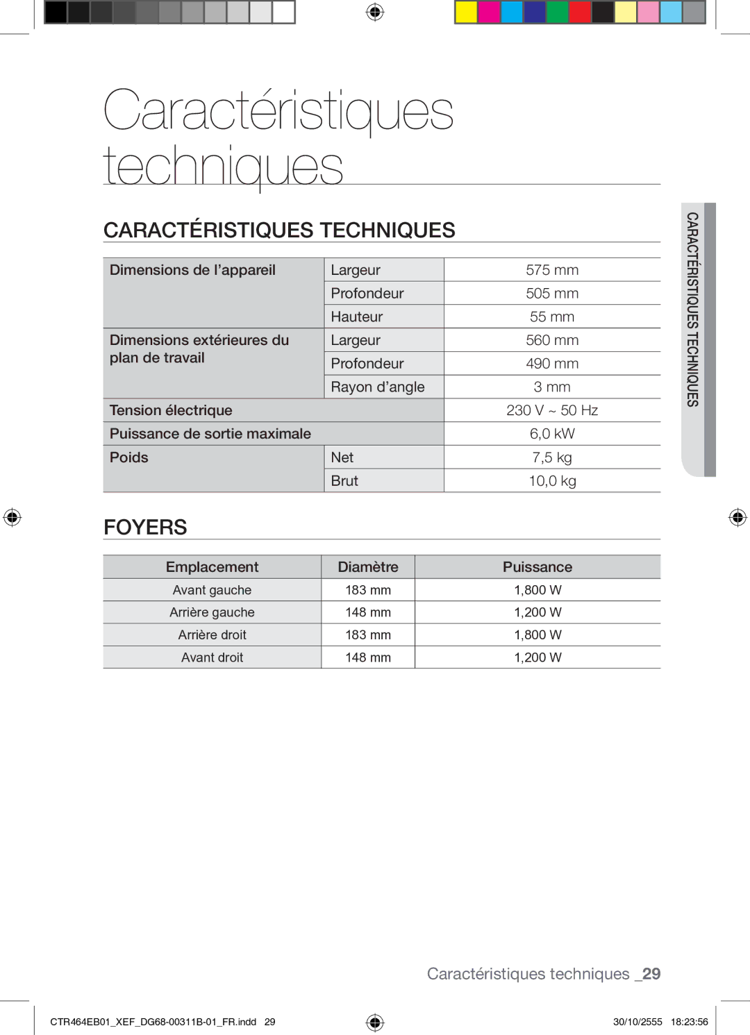 Samsung CTR464EB01/XEF manual Caractéristiques Techniques, Foyers 