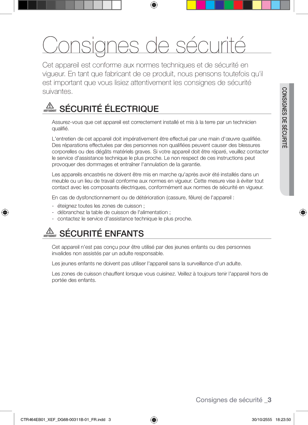 Samsung CTR464EB01/XEF manual Consignes de sécurité, Avertissement Sécurité Électrique, Avertissement Sécurité Enfants 