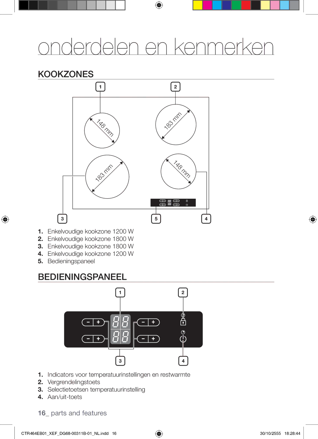 Samsung CTR464EB01/XEF manual Onderdelen en kenmerken, Kookzones, Bedieningspaneel 