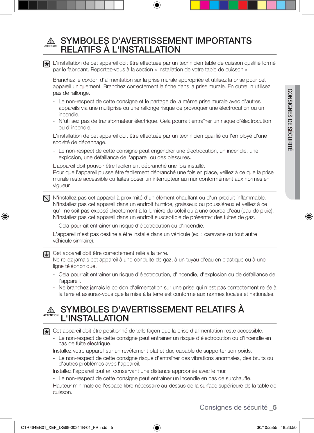 Samsung CTR464EB01/XEF manual Symboles Davertissement Relatifs À Attention Linstallation 