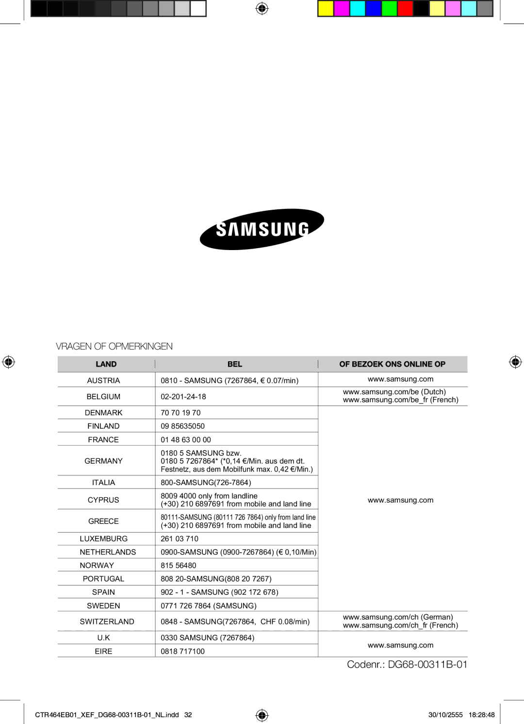 Samsung CTR464EB01/XEF manual Codenr. DG68-00311B-01 