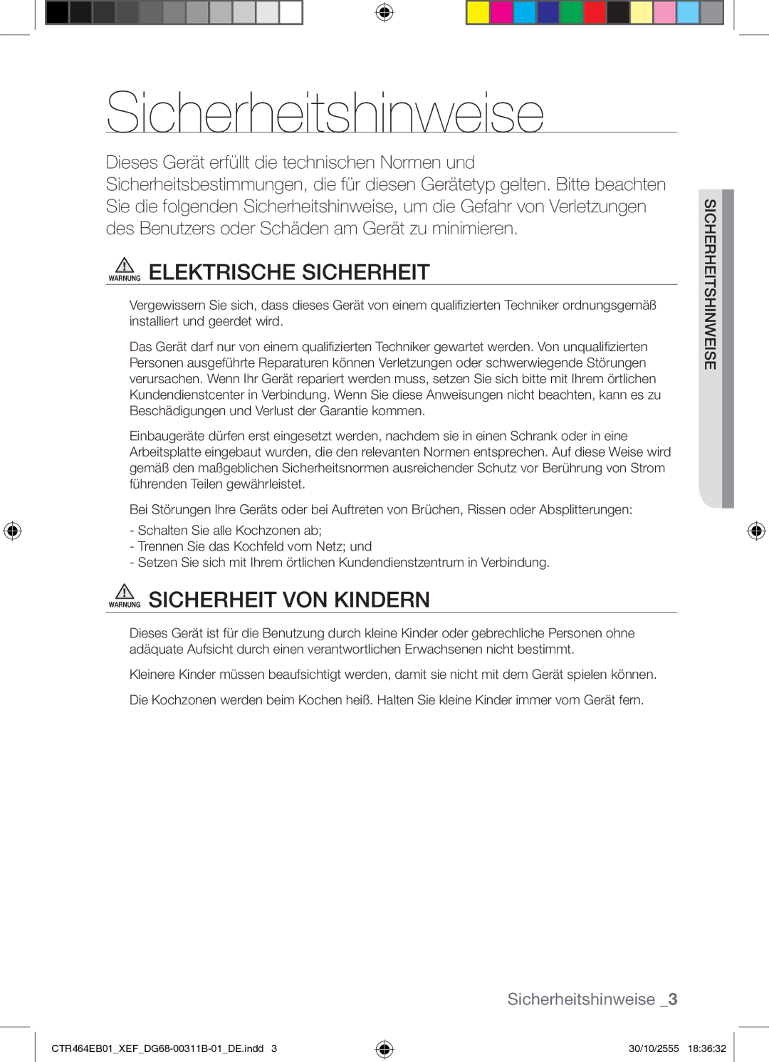 Samsung CTR464EB01/XEF manual Sicherheitshinweise, Warnung Elektrische Sicherheit, Warnung Sicherheit VON Kindern 