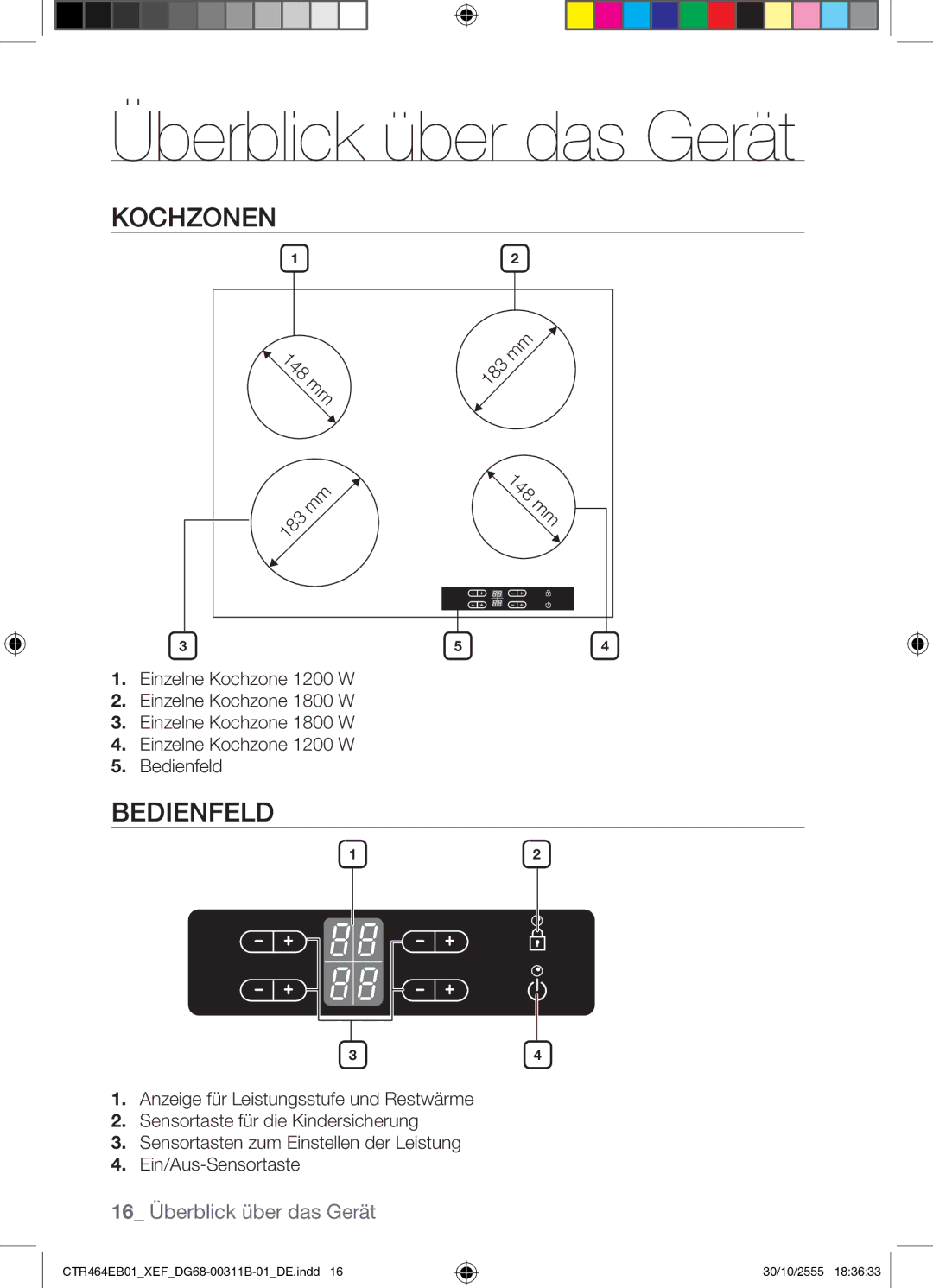 Samsung CTR464EB01/XEF manual Überblick über das Gerät, Kochzonen, Bedienfeld 