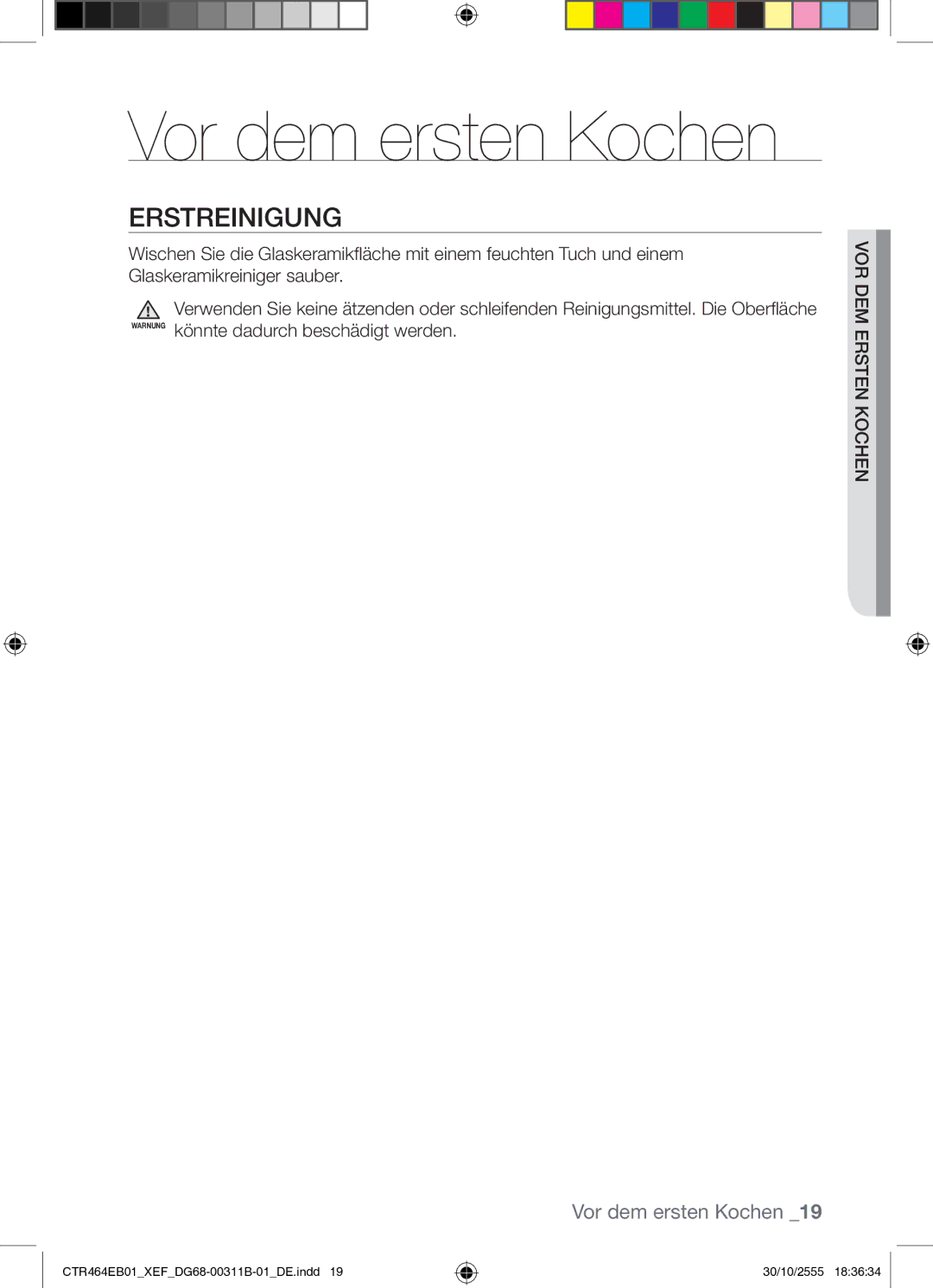 Samsung CTR464EB01/XEF manual Vor dem ersten Kochen, Erstreinigung 