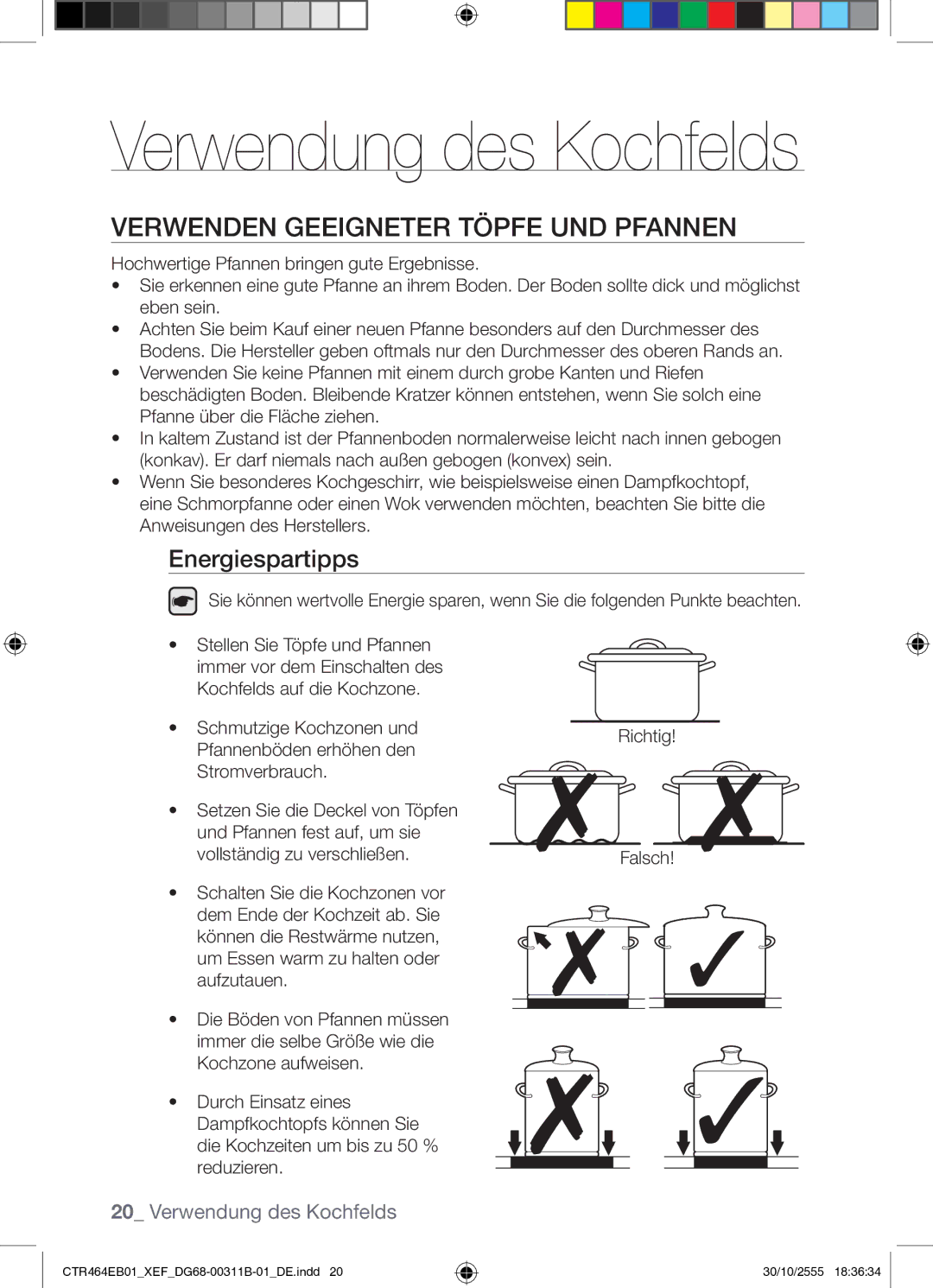 Samsung CTR464EB01/XEF manual Verwenden Geeigneter Töpfe UND Pfannen, Energiespartipps 