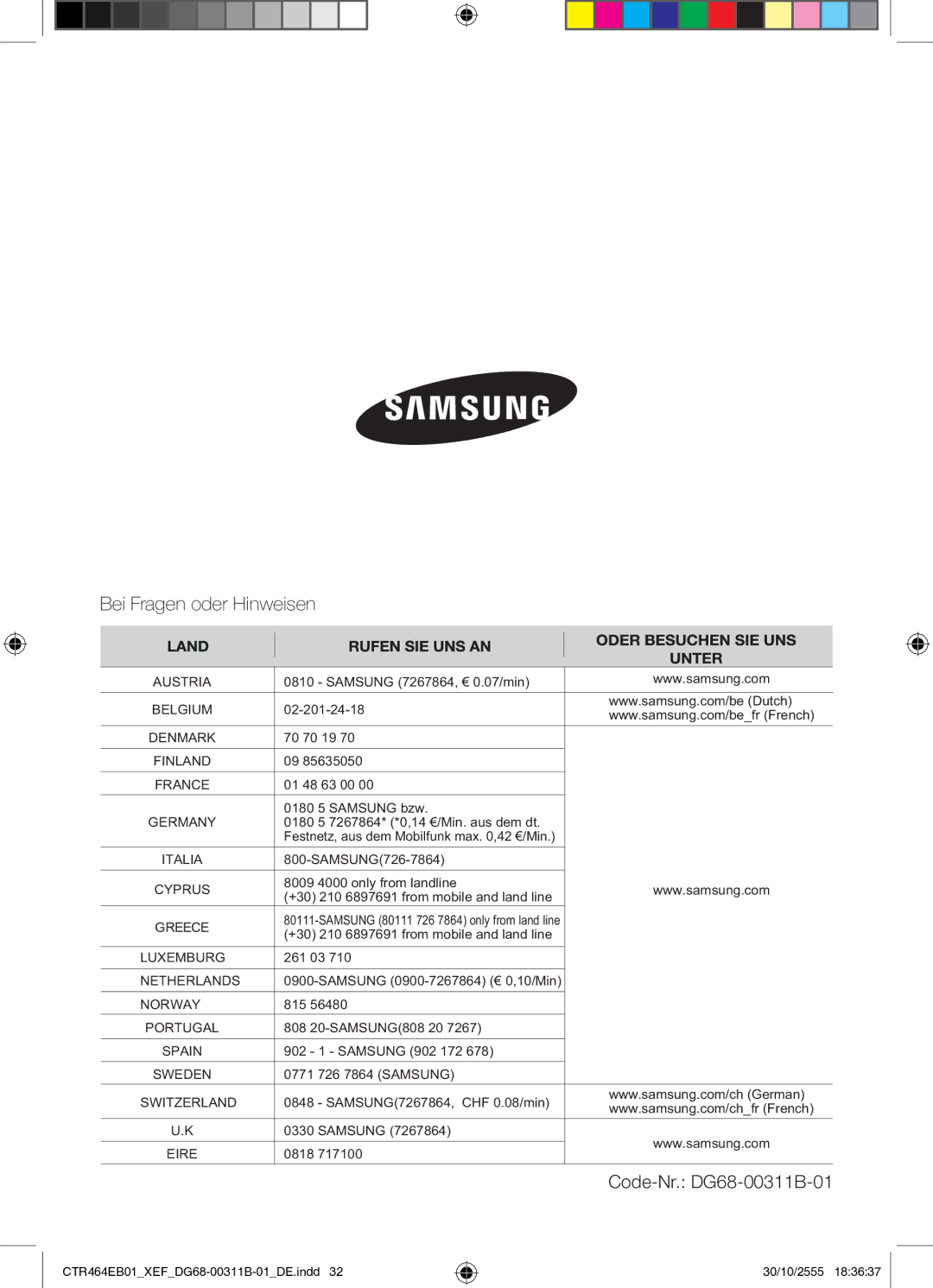 Samsung CTR464EB01/XEF manual Bei Fragen oder Hinweisen 