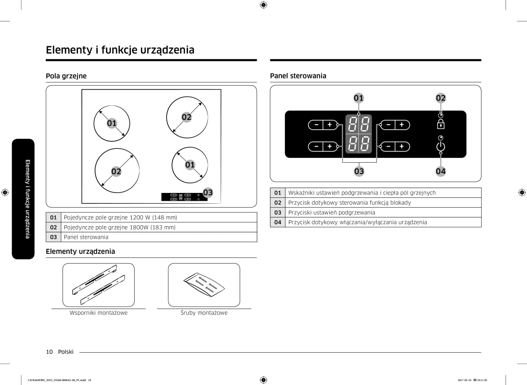 Samsung CTR464EB01/XEO, CTR464EB01/ML Elementy i funkcje urządzenia, Pola grzejne Panel sterowania, Elementy urządzenia 